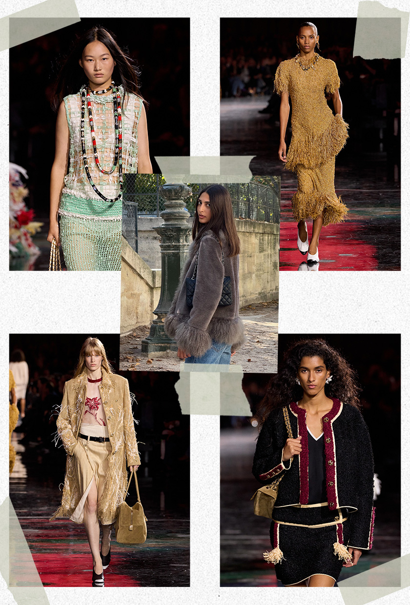The best 2026 trends and outdated fashion trends, according to the French are shown in a collage of runway images. In the middle, there's a photo of Salome Mory wearing a gray fur coat and jeans. It's surrounded by close-up photos from the runway showing the maximalist trend worn by models in the spring 2026 collection of Chanel