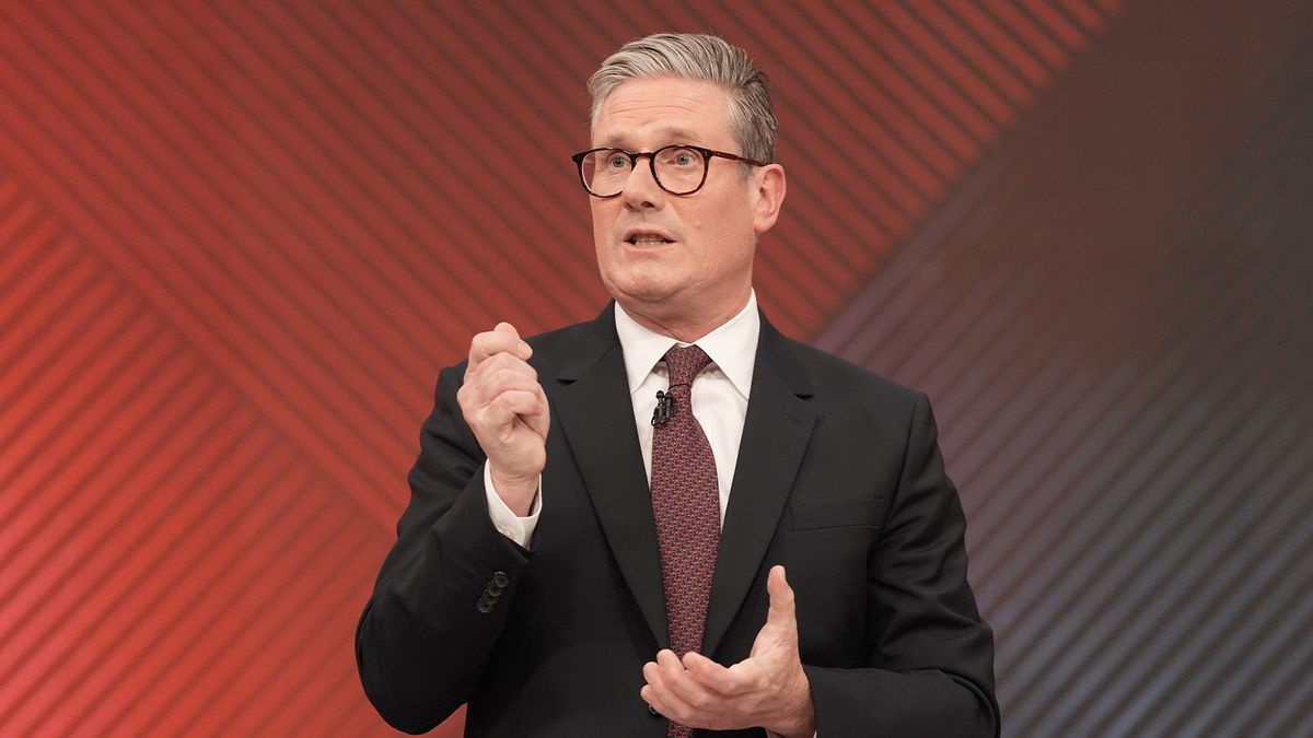 Labour Party leader Sir Keir Starmer, speaks to the audience during a Sky News election event with Sky&#039;s political editor Beth Rigby.