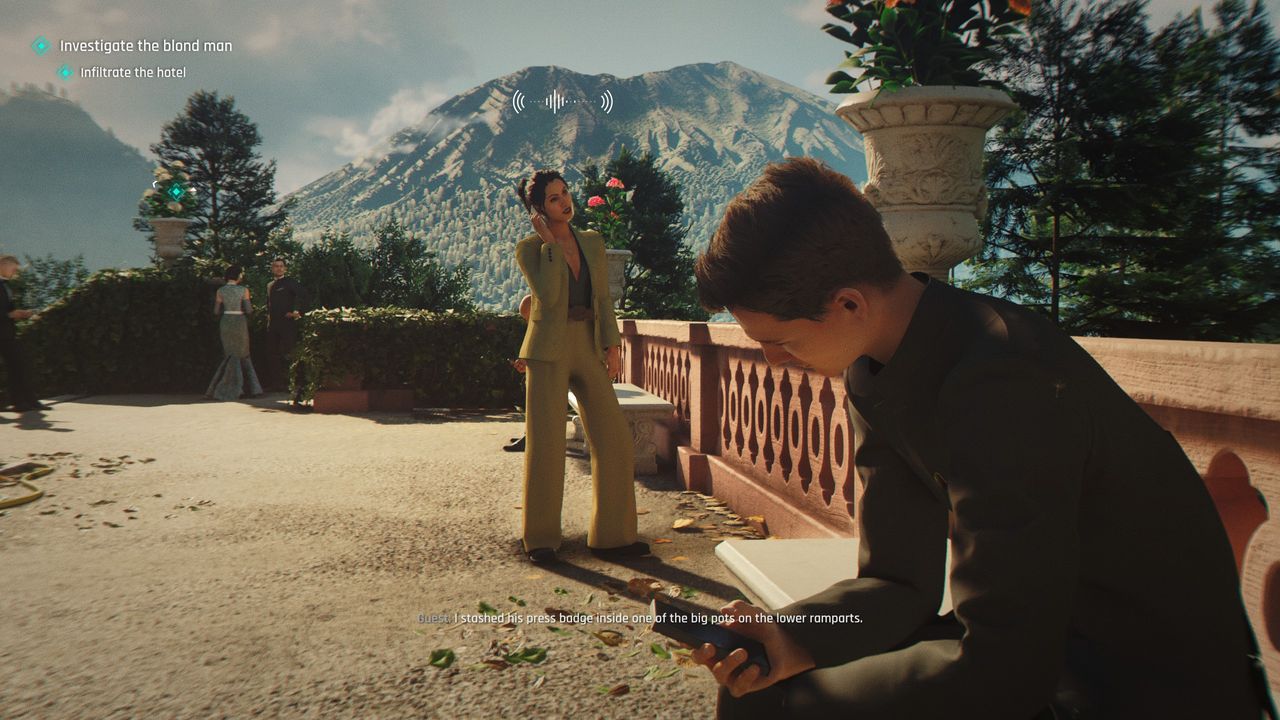 007 First Light - James eavesdrops on a journalist saying she hid a press badge in a flower pot