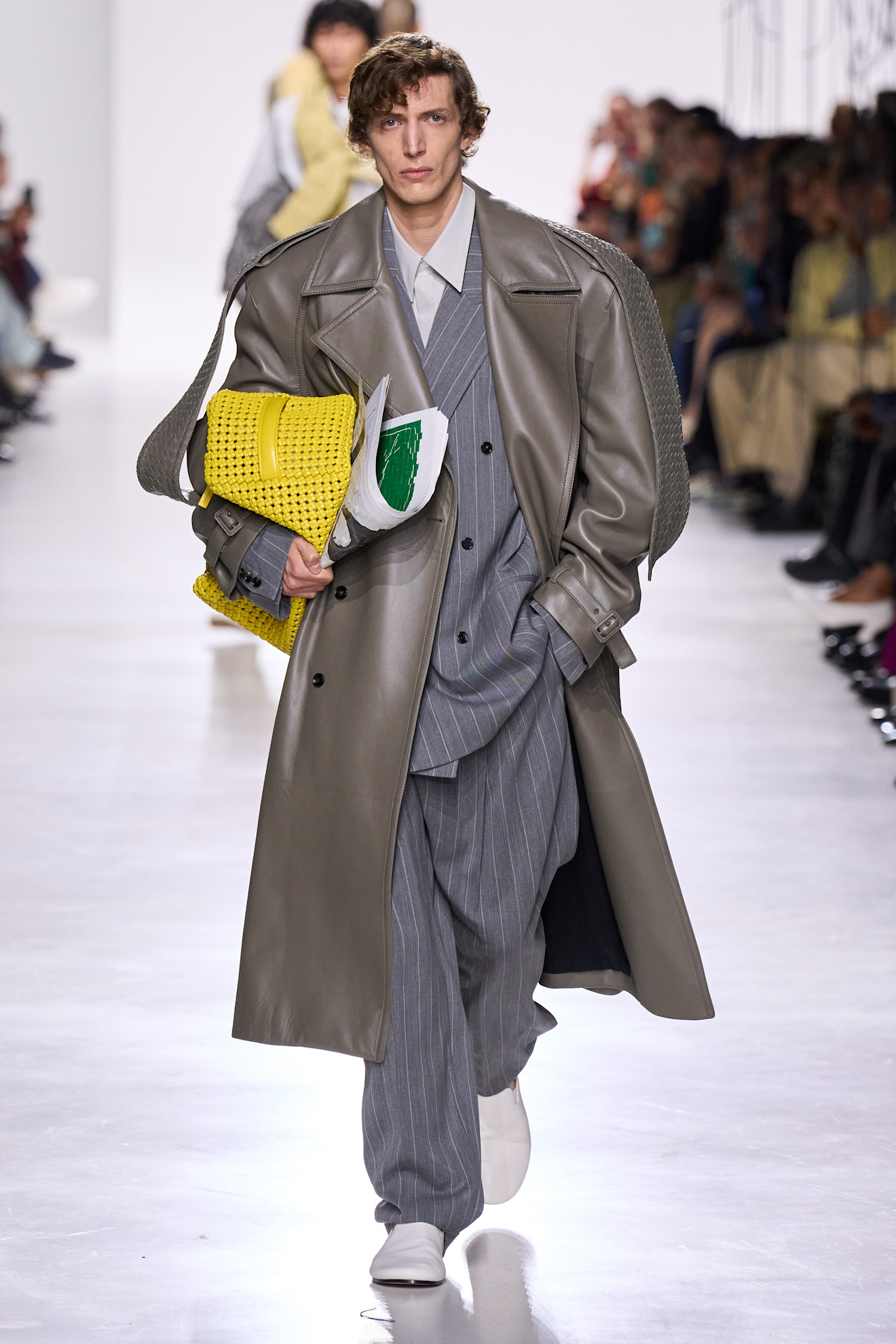 A grey pinstriped suit on the Bottega Veneta Spring 2026 runway