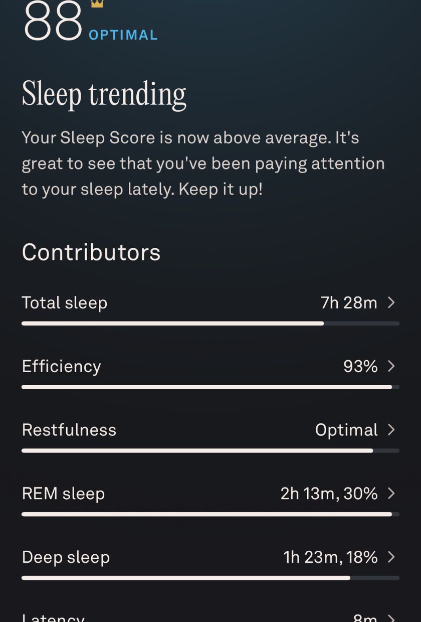 A screenshot of the Oura ring sleep tab, showing sleep score, REM sleep, deep sleep, and more from the night