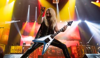 Richie Faulkner performs onstage with Judas Priest on November 7, 2022 at the Toyota Arena in Ontario, California on November 7, 2022