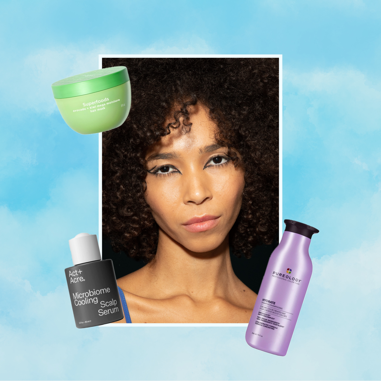 a collage of three hair products layered over a photo of a model with curly hair and a light blue background