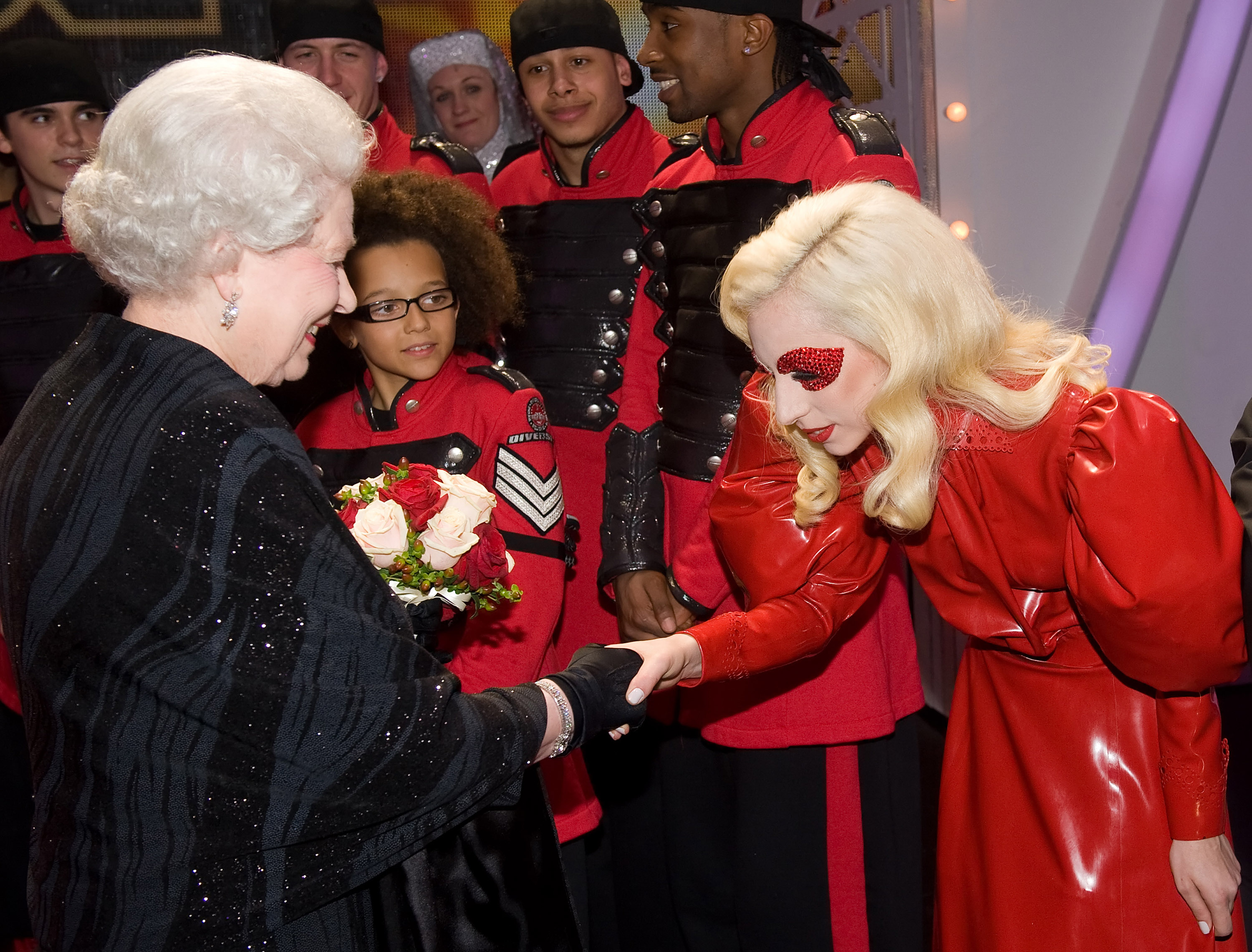 Queen Elizabeth II meets singer Lady Gaga following the Royal Variety Performance on December 7, 2009 in Blackpool, England