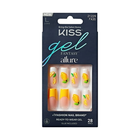 Kiss Gel Fantasy Allure Press on Nails, Gentle Whisper, Yellow, Long Square, 30 Count