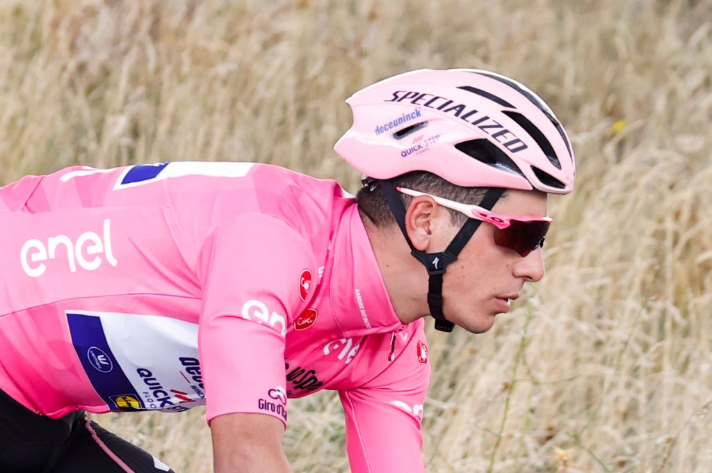 Team Deceuninck QuickStep rider Portugals Joao Almeida wearing the overall leaders pink jersey rides during the 9th stage of the Giro dItalia 2020 cycling race a 207kilometer route between San Salvo and Roccaraso on October 11 2020 Photo by Luca Bettini AFP Photo by LUCA BETTINIAFP via Getty Images