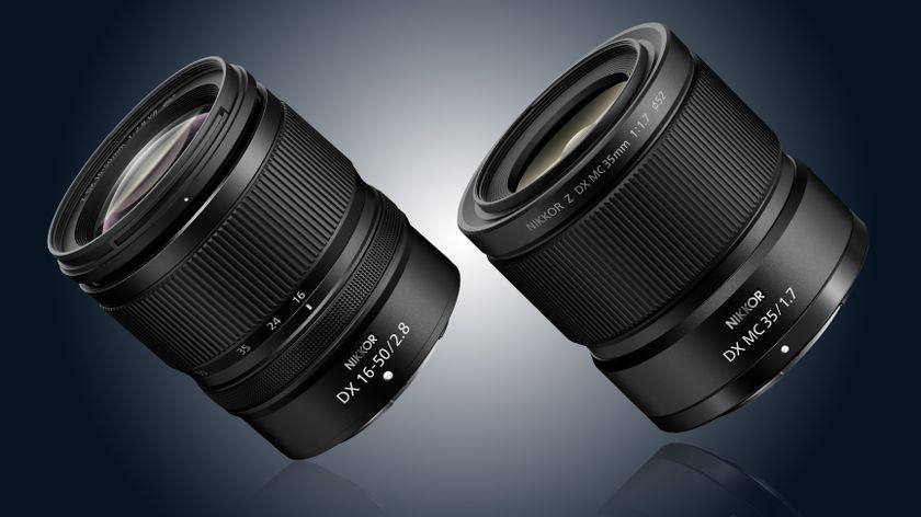 A composite of two Nikon lenses against a coloured background
