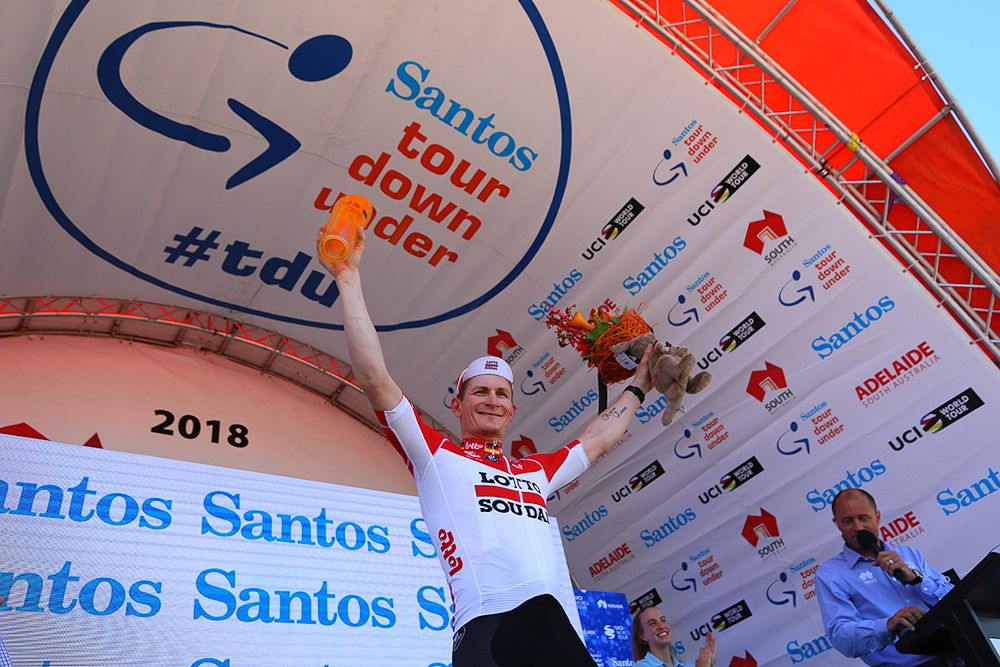 Andre Greipel celebrates his record 17th stage win at the Tour Down Under