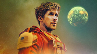 an astronaut in an orange suit with a planet above him
