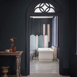 best colour combinations, dark blue and charcoal bathroom scheme, marble floor, pale blue and red screen
