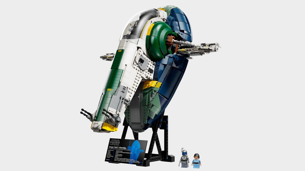 Lego Jango Fett's Firespray-Class Starship set against a plain background