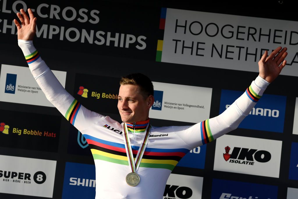 HOOGERHEIDE NETHERLANDS FEBRUARY 05 Mathieu Van Der Poel of The Netherlands celebrates at podium as Gold medal during the 74th World Championships CycloCross 2023 Mens Elite CXWorldCup Hoogerheide2023 on February 05 2023 in Hoogerheide Netherlands Photo by David StockmanGetty Images