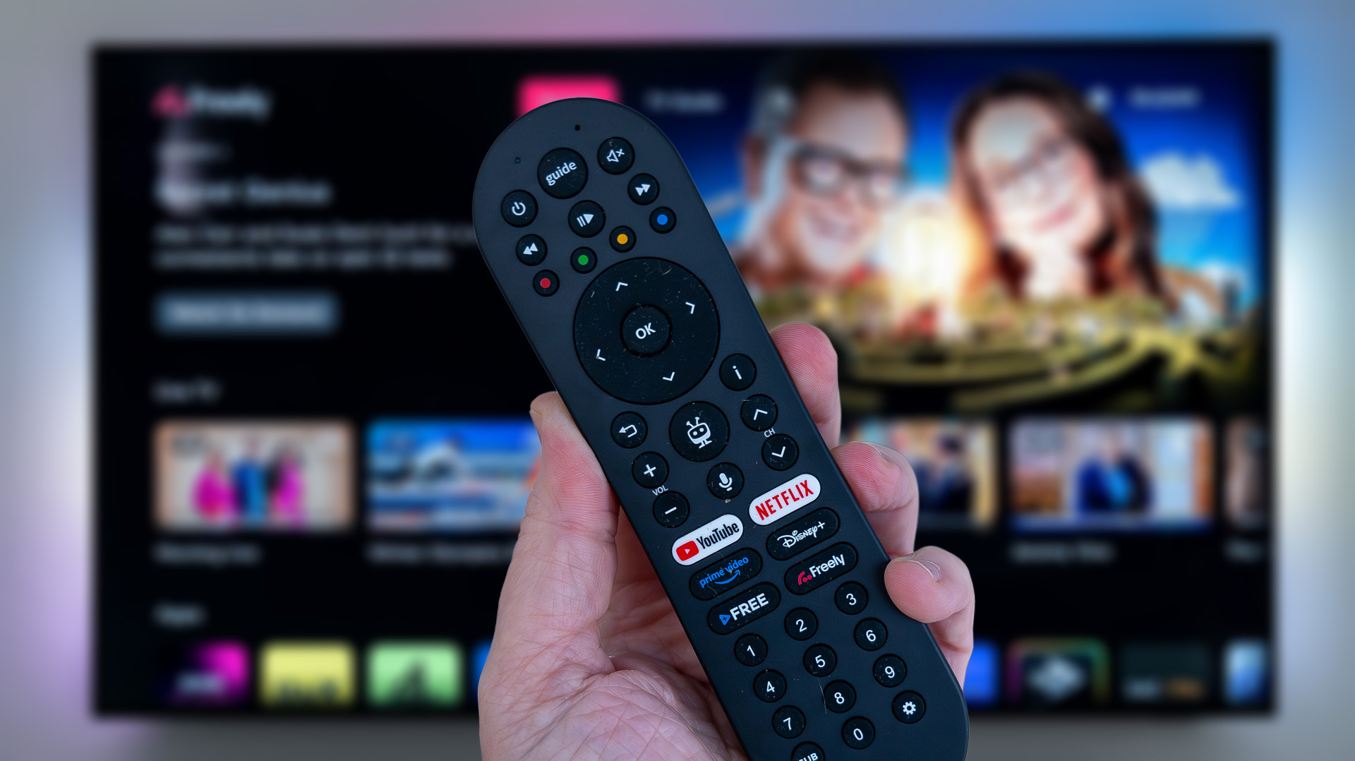 Manhattan Aero TV remote with Freely on TV in the background