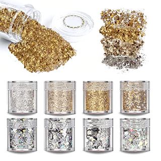 Saiftrad Nail Glitter - 8 Jars 10ml Holographic Hexagon Gold Silver Nail Art Glitter Cosmetic Chunky Glitter Iridescent Flake Sequins for Face Eyes Hair Jewelry Resin Crafts.