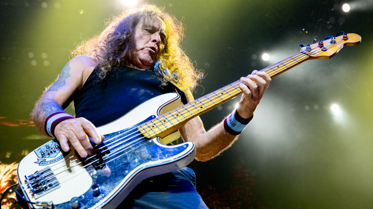 Steve Harris onstage with Iron Maiden in 2025