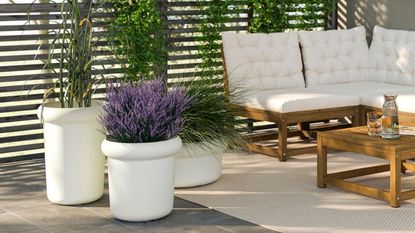 IKEA M&Aring;B&Auml;RSBUSKE plant pots in an outdoor space with rug and timber and white garden sofa and coffee table