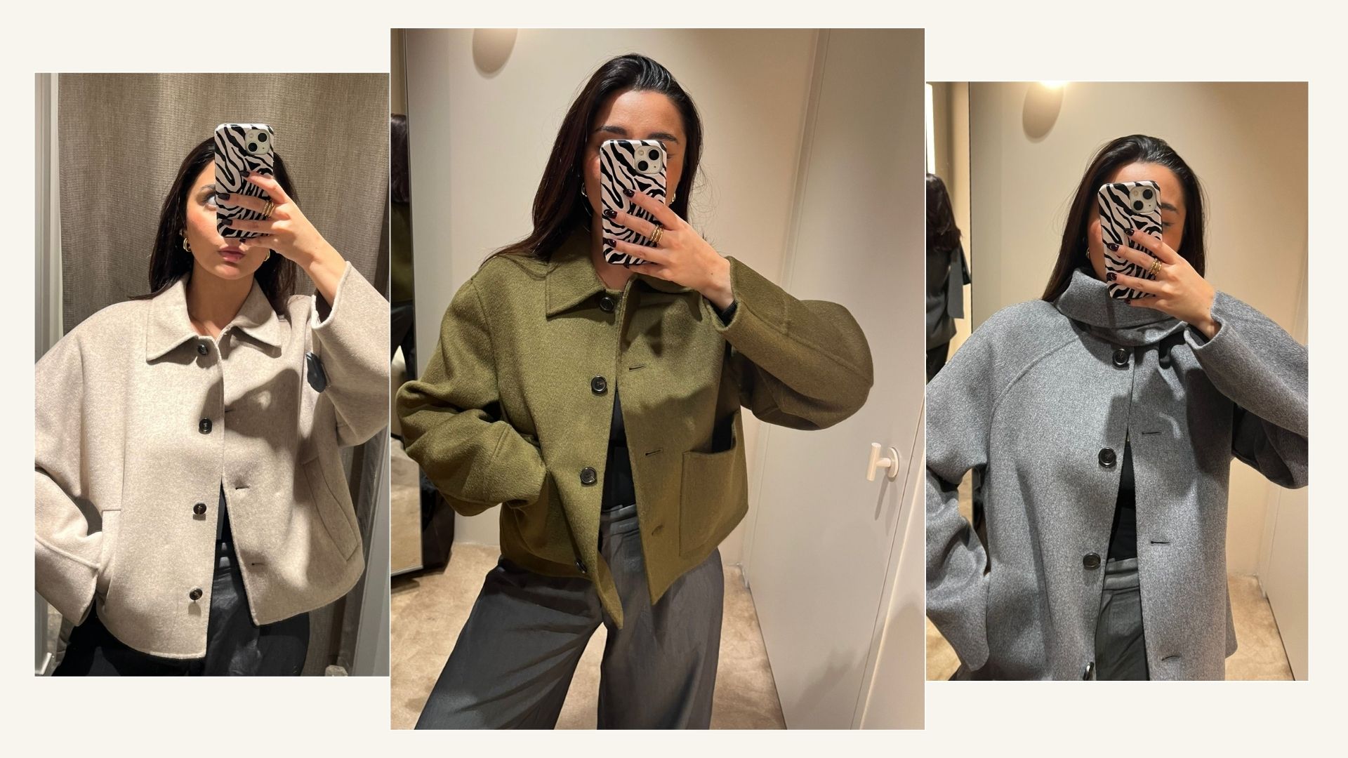 Shopping Editor Marina Avraam wearing wool jackets from Cos, Massimo and Zara