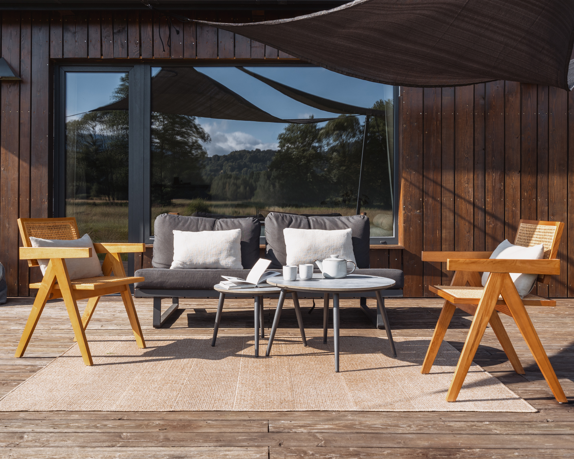 outdoor living area on deck with outdoor rug