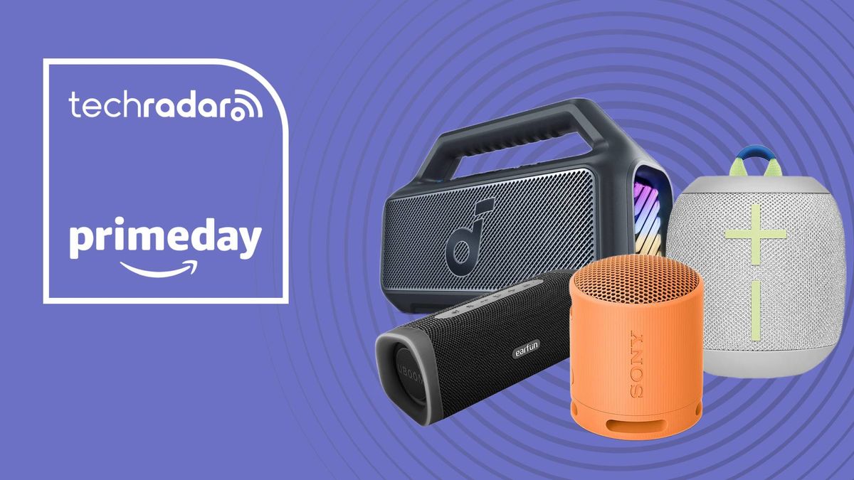 Anker Soundcore Boom 2, Earfun UBoom L, Sony SRS-XB100 and Ultimate Ears Wonderboom 3 on lilac background with words &#039;TechRadar: Amazon Prime Day&#039; positioned to the left of the speakers