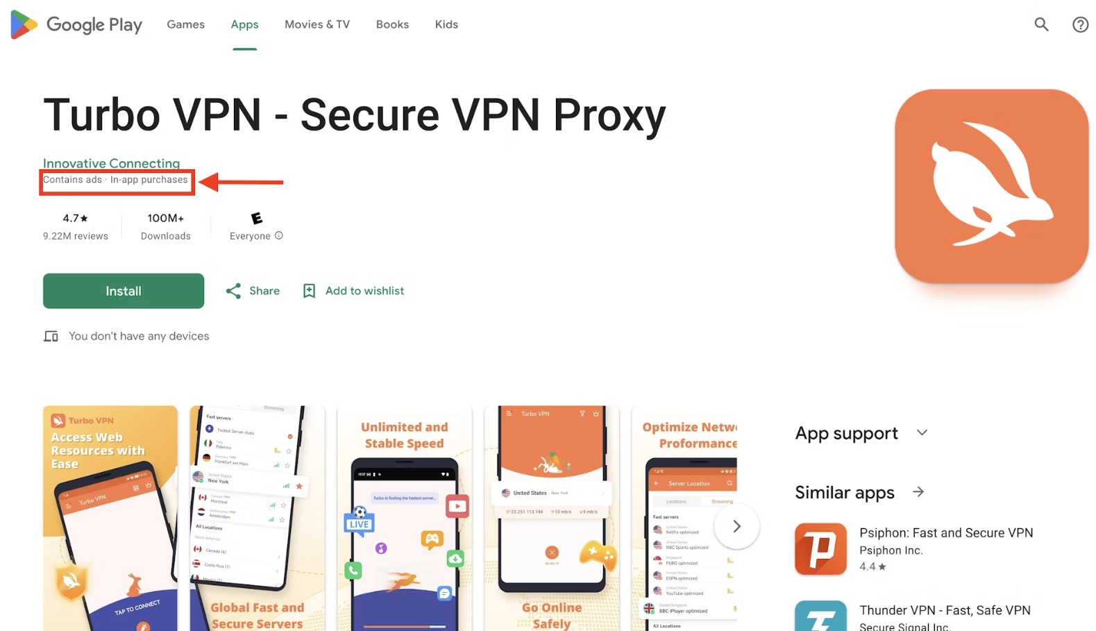A screenshot taken on May 8, 2025, of the Turbo VPN app on US Google Play Store
