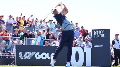 Brooks Koepka plays a shot at the second LIV Golf Invitational Series tournament