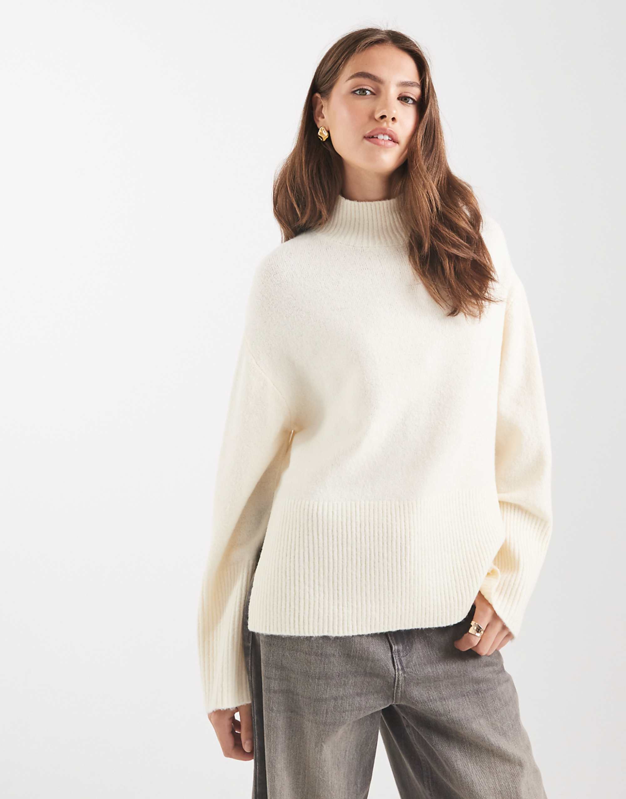 Brave Soul High Neck Jumper With Wide Sleeves in Cream