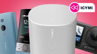 A Nokia phone, Sonos speaker and DJI action camera on a pink background