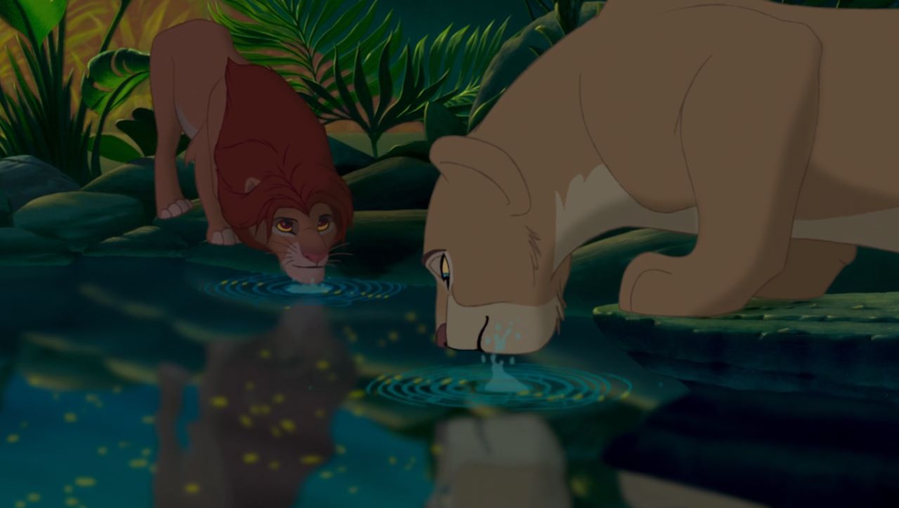 Simba and Nala drinking together in the lion king