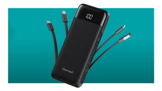A Charmast portable battery charger with its cables akimbo, on a teal deals background
