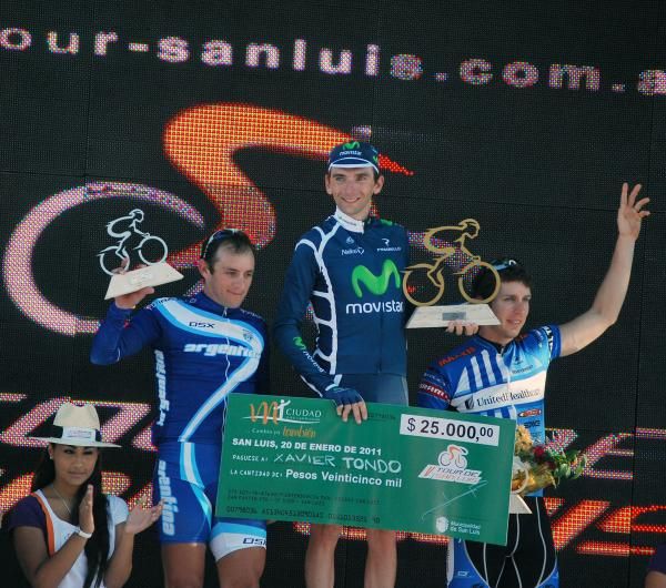 The stage four podium: Jorge Giacinti (Argentina), Xavier Tondo (Movistar) and Scott Zwizanski (UnitedHealthcare)