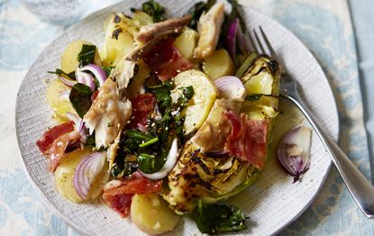 Hot potato salad with smoked mackerel