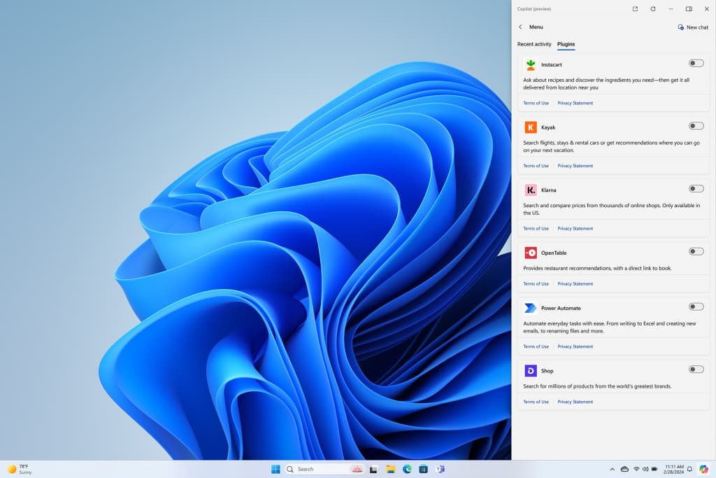 screenshot of Windows Copilot features
