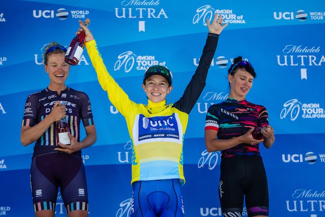 The women's overall podium in Sacramento on the conclusion of the 2018 Amgen Women's Race: winner Katie Hall (UnitedHealthcare) with Trek-Drops' Tayler Wiles and Canyon-SRAM's Kasia Niewiadoma