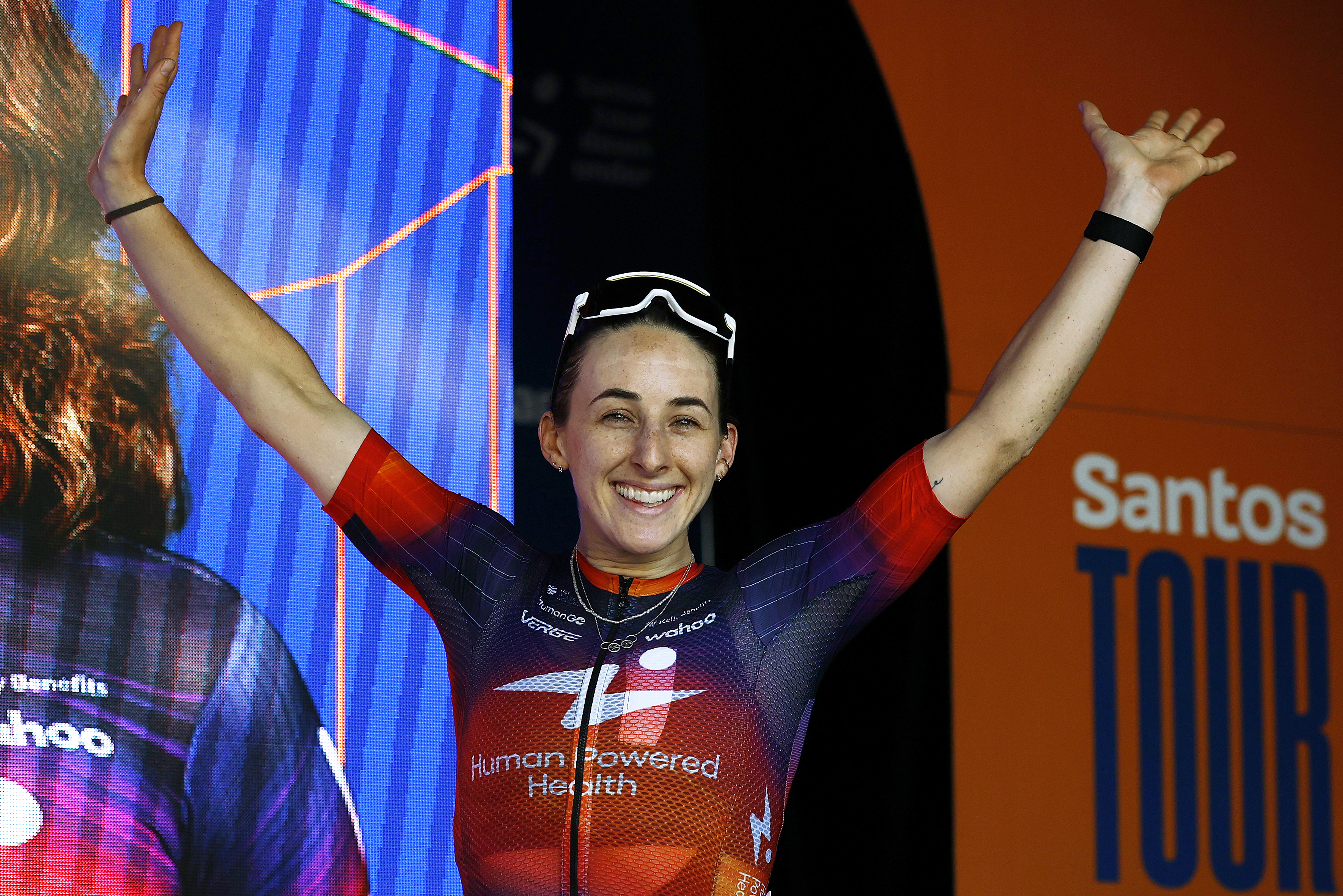 TANUNDA, AUSTRALIA - JANUARY 21: Maggie Coles-Lyster of Canada and Team Human Powered Health celebrates at podium as race winner during the 10th Santos Women&amp;apos;s Tour Down Under 2026, Barossa Women&amp;apos;s Race a 94.2km one day race from Tanunda to Tanunda on January 21, 2026 in Tanunda, Australia. (Photo by Con Chronis/Getty Images)