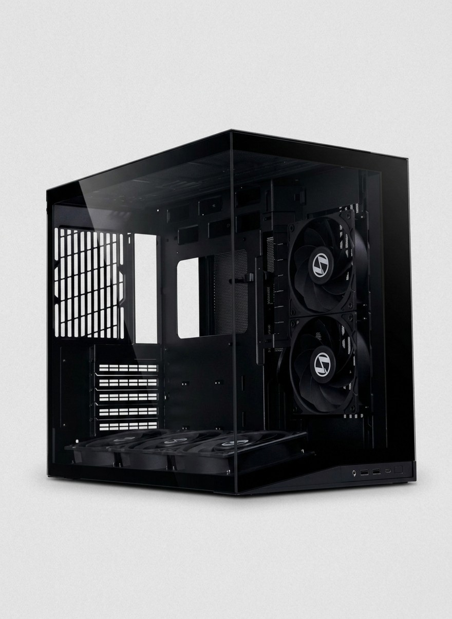 A Lian Li O11D Mini V2 Flow PC case on a grey background