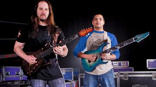 Dream Theater's John Petrucci and Periphery's Misha Mansoor photographed at Wembley Arena
