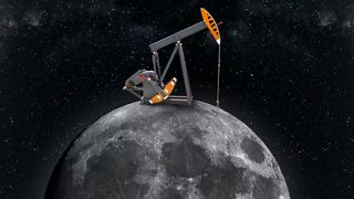 a pumping rig sits atop the moon, as if they were comparable in size. 