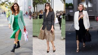 Three woman showing different ways of how to style a blazer with a midi dress