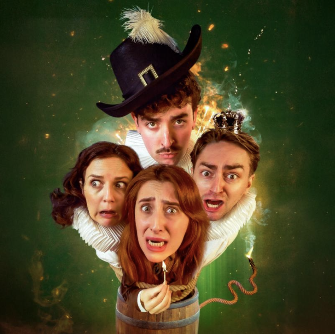 an image of the poster showing four heads with jacobean ruffs coming out of a barrel