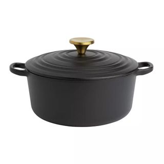 Black cast iron casserole dish