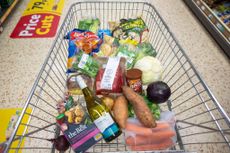 Supermarket trolley filled with food