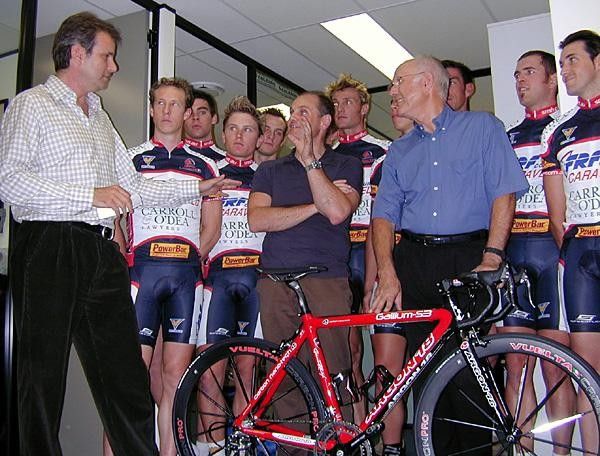 'You see, it's a fine balance...' Frank Fortuna discusses the team with SBS TV's Mike Tomalaris (far left)