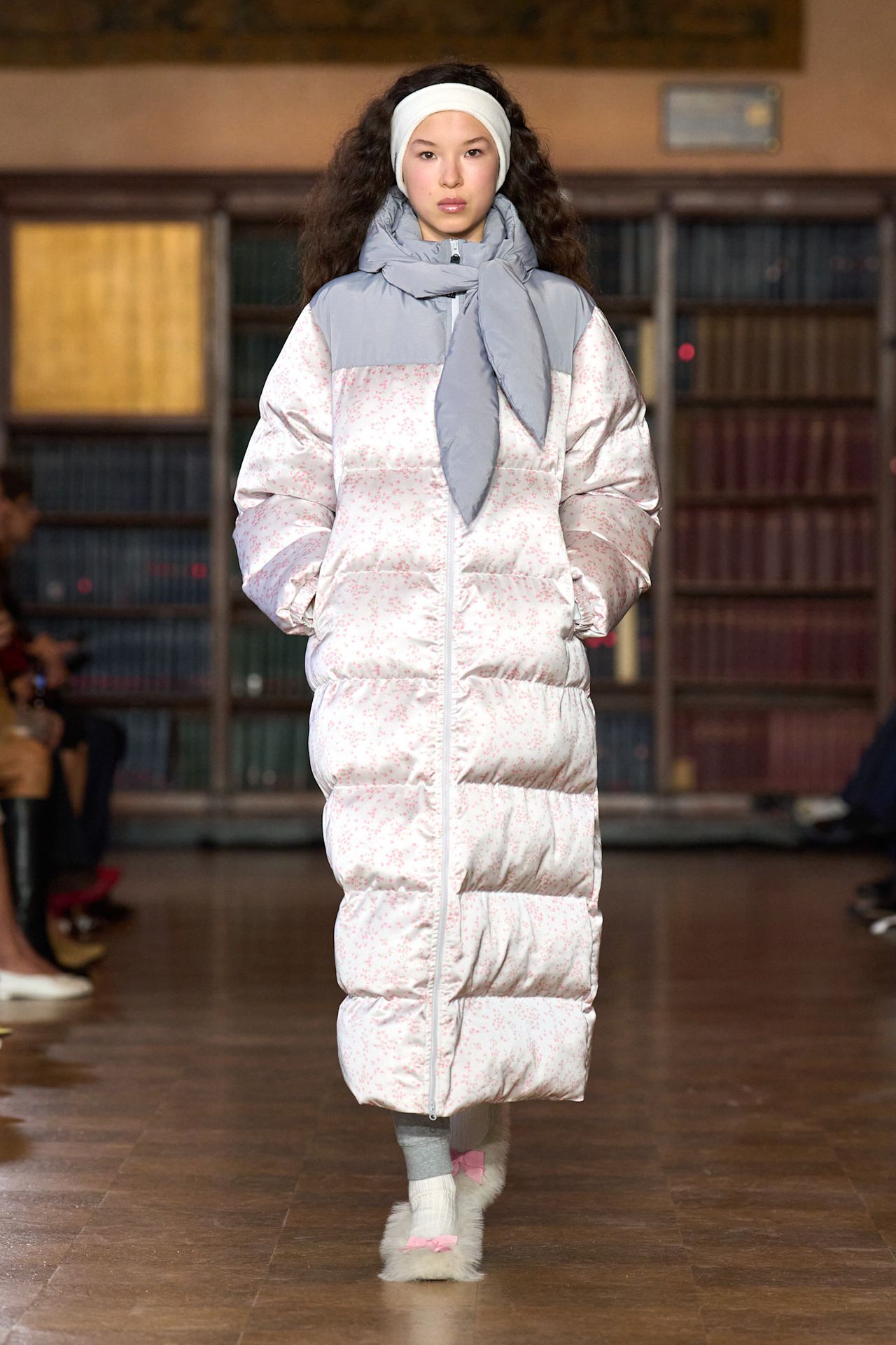 models walk the Sandy Liang Fall 2026 fashion show runway wearing slipper shoes