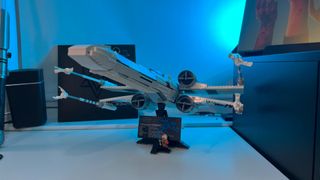 Lego Star Wars X-Wing Starfighter 75355-ship on stand underside view.
