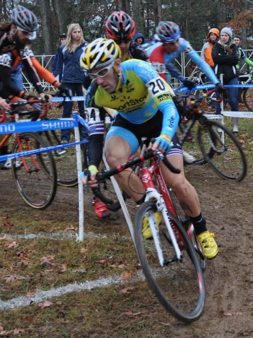 Adam Myerson (Team SmartStop/Mountain Khakis) leads the race through turn two on the opening lap.