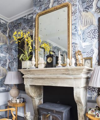 A living room mirror idea with ornate gold frame and blue printed wallpaper