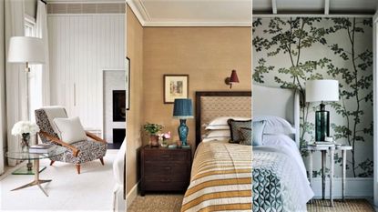 Three bedrooms: one white, one beige, one wallpapered