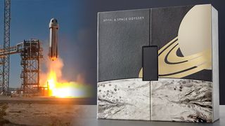 at left, a photo of a white rocket launching into a blue sky; at right, a closeup of a black monolith with the words &quot;2001: a space odyssey&quot; and a picture of a saturn-like planet on it