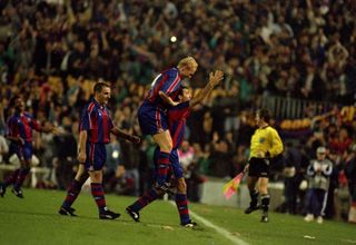Barcelona players celebrate a goal at Camp Nou against Manchester United in the Champions League in 1994.