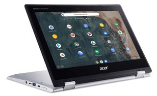 Acer Chromebook Spin 311 in stand mode at an angle on a white background